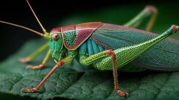 Colorful grasshopper perched on a green leaf in a lush environment during daytime photo