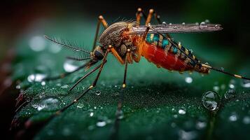 Close-up of a mosquito resting on a leaf with water droplets during a humid afternoon in a lush garden photo