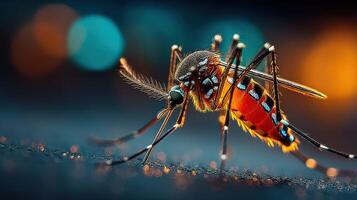 Mosquito captured in fine detail showcasing vivid colors and intricate features during nighttime in a vibrant urban setting photo
