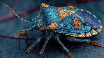 Brightly colored beetle rests on a leaf showcasing intricate details in its texture and patterns in natural light photo