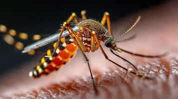 Close-up view of a mosquito feeding on human skin in a natural setting at dusk photo
