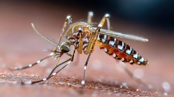 Close view of a mosquito feeding on skin during warm summer evening in a tropical environment photo