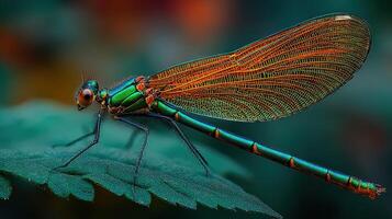 Vibrant dragonfly perched on a green leaf surrounded by blurred colorful background in a lush environment photo