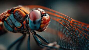 Close-up view of a dragonfly showcasing intricate details and vibrant colors in natural habitat photo