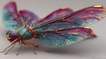 Insect with vibrant wings resting on a surface in detailed close-up view photo