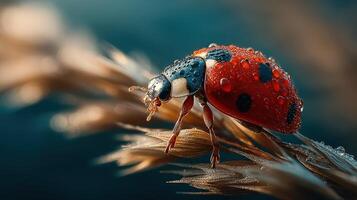 Close-up view of a ladybug resting on a blade of grass with water droplets in a tranquil natural setting photo