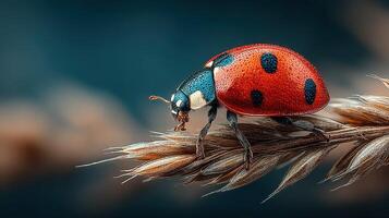 Close-up view of a ladybug resting on a grass stem in a natural setting during a sunny afternoon photo