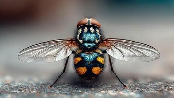 Close-up view of a colorful fly displaying intricate wing patterns on a natural background photo