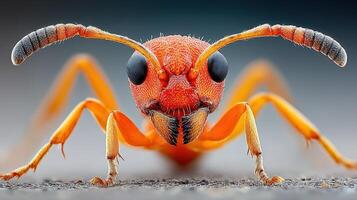 Close-up view of a vibrant orange ant showcasing intricate details of its anatomy against a softly blurred backdrop photo