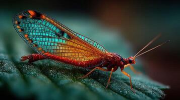 Elegant and colorful insect resting on a leaf in a lush environment during midday light photo