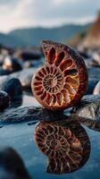 Beautiful fossilized shell rests on wet stones reflecting sunlight at a coastal location during sunset photo