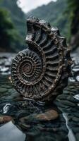 Ammonite fossil resting in shallow water surrounded by stones in a lush green valley during overcast weather photo
