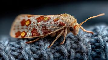 Colorful moth resting on blue fabric at close range during a warm afternoon photo