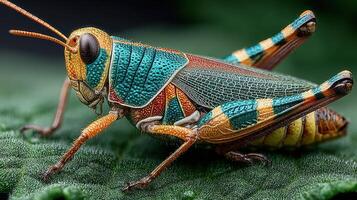 Colorful cricket resting on green leaf in natural habitat during daylight hours photo