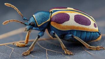 Colorful beetle showcasing vibrant patterns on leaf surface in natural setting during daylight photo