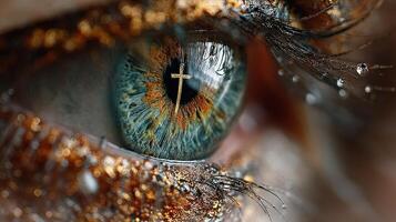 Close-up view of an eye with intricate patterns and a cross reflection in the pupil showcasing artistic makeup and vibrant colors photo