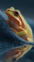 Colorful frog perched on a textured surface with water droplets glistening around it photo