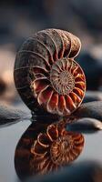 Fossilized ammonite reflects in shallow water at sunset on a rocky shore photo