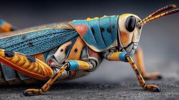 Close-up view of a vibrant grasshopper showcasing detailed colors and textures during a sunny afternoon in a garden photo