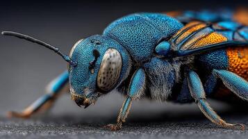 Close-up view of a vibrant blue and orange insect showcasing intricate details and textures in natural environment photo