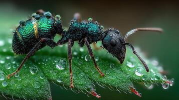 Close-up view of a vibrant green ant covered in morning dew on a leaf in a natural environment photo