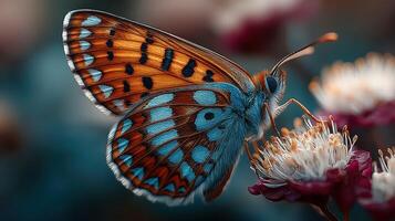 Colorful butterfly interacting with delicate flowers in a serene garden setting during springtime photo