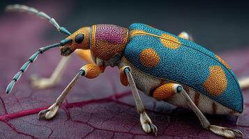 Colorful beetle resting on a purple leaf in a vibrant natural habitat during daylight hours photo