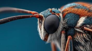 Close-up view of a colorful insect highlighting intricate details and vibrant colors against a blurred background photo
