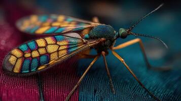 Colorful macro shot of an insect with vibrant patterns resting on a texture photo