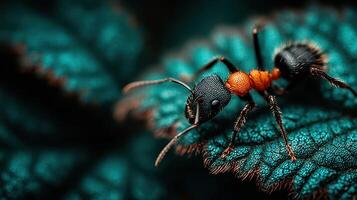 Close-up view of an ant foraging on a vibrant green leaf in a natural setting during daylight hours photo