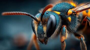 Close-up view of a vibrant blue and orange insect showcasing intricate details and textures in a natural habitat during daylight photo