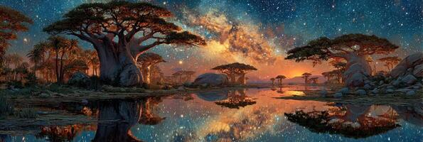 Starlit reflection over a serene lake surrounded by ancient baobab trees at dusk photo