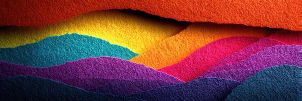 Colorful layered paper art showcasing a vibrant landscape of hills and valleys during sunset photo