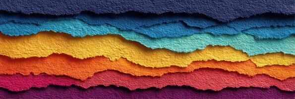 Vibrant layers of torn paper create a colorful abstract pattern in various shades of blue, orange, and purple photo