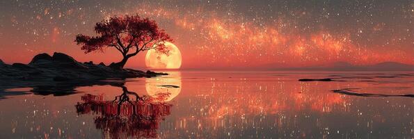 Stunning night sky with moon and tree reflected in calm waters under starry backdrop photo