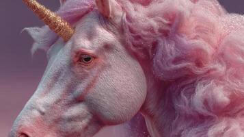 Captivating close-up of a unicorn with shimmering pink mane and golden horn in a whimsical fantasy setting photo