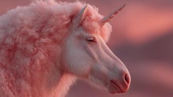 Magical unicorn with fluffy mane against a pastel sunset sky photo
