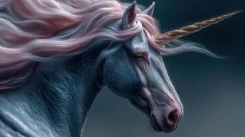 Fantasy unicorn with flowing mane stands majestically against a dark background during twilight hours photo