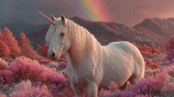 Magical unicorn standing in a colorful meadow under a bright rainbow at sunset photo