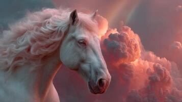 Majestic white horse gazes against a backdrop of pink and purple clouds during twilight photo