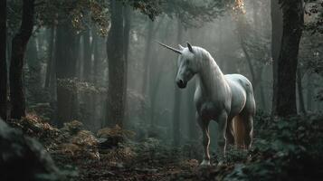 Mystical unicorn standing gracefully amidst a foggy forest during early morning hours with soft light streaming through the trees photo