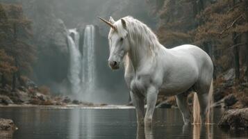 Stunning unicorn stands gracefully in serene waters near a majestic waterfall surrounded by lush greenery photo