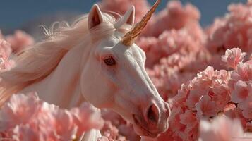 Magical unicorn amidst blooming cherry blossoms on a bright sunny day photo