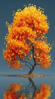 Vibrant orange tree reflected in calm water during autumn in a serene landscape photo