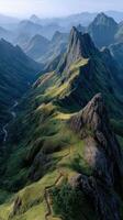 Rugged mountain landscape with winding trail and lush greenery during early morning light photo