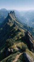 Majestic mountain landscape with rugged peaks and winding trails in early morning light photo