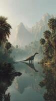 Dinosaur stands by a serene river surrounded by lush palm trees and majestic mountains during early morning mist photo