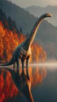 Massive dinosaur stands by serene lake surrounded by autumn trees during early morning light photo