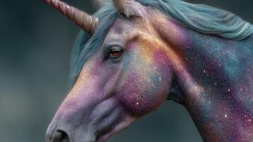 Colorful unicorn head with galaxy pattern in a mystical forest setting during twilight hours photo