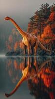 Dinosaur wades in reflective water surrounded by autumn foliage at dawn photo